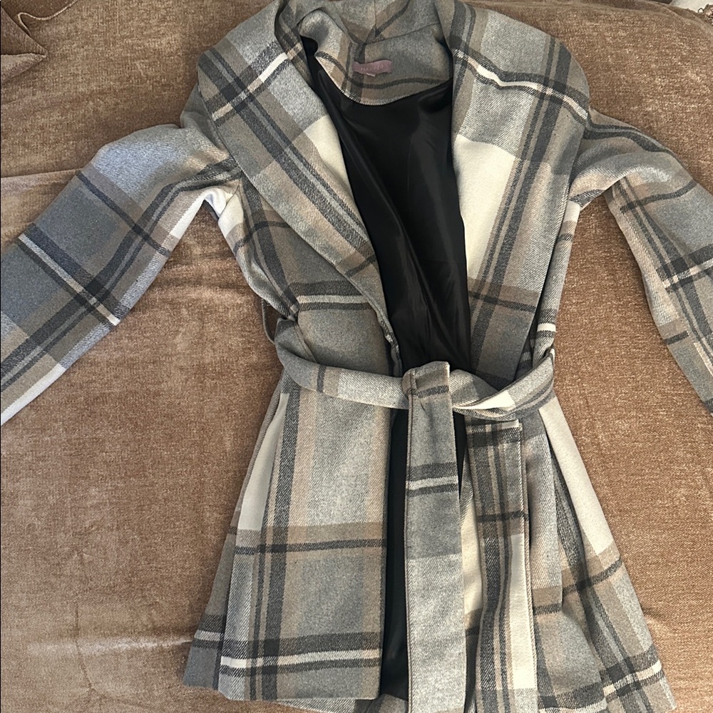 Plaid Women's Wrap Coat in Gray, Tan, and Cream